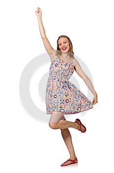 The blondie caucasian girl in summer light dress isolated on white