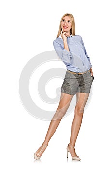 The blondie girl in gray tweed shorts isolated on white