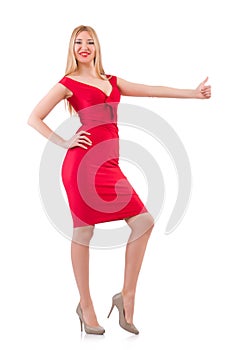 Blondie in red dress isolated on white