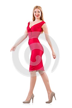 Blondie in red dress isolated on white