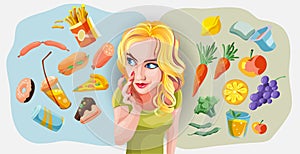 Blondie woman choosing between healthy and unhealthy food concept vector illustration. Fastfood vs balanced menu comparison