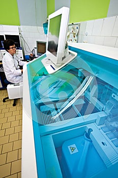 Blood analysis machine in laboratory