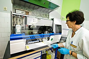 Blood analysis machine in laboratory