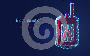 Blood bag. Blood type A, B, O and AB. Red text `Blood Donation` and  dark blue background. help people,Vector illustration sabout