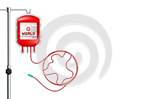 Blood bag red color with world sign shape made from cord illustration