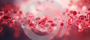 Blood cells close up on blurred defocused background, abstract detailed backdrop with copy space.