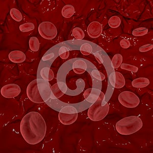 Blood cells flying through arteries. Circulating hemoglobin blood bodies flowing inside human vein. 3d rendering