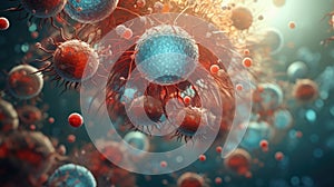 Blood cells, leucocytes and macrophages are combating viruses and bacteria