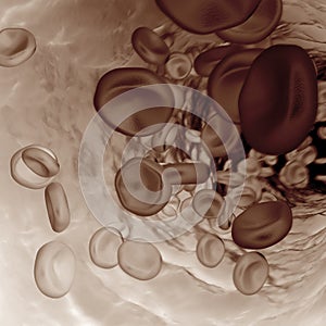 Blood cells moving in the vein with depth of field. 3d illustration