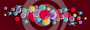 Blood cells symbols colorful horizontal composition lymphocytes erythrocytes platelets neutrophils maroon chestnut background