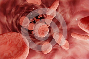 Blood cells in vein. Red blood cells circulating in blood vessels. medical health care. Vascular therapy. 3d illustration