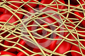 Blood clot. The red blood cells are trapped in filaments of fibrin protein. Isometric view 3d illustration