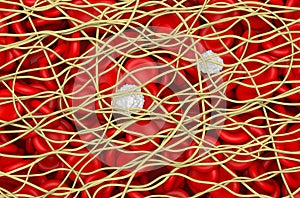 Blood clot. The red blood cells and white blood cells are trapped in filaments of fibrin protein. Isometric view 3d illustration