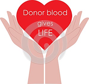 Blood donation campaign poster design.Heart in hands with inscription.