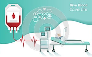 Blood donation, give blood save life concept. Blood bag with ECG - EKG signal line direct to save patient life in emergency bed