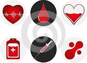 Blood Donation Icon Set. Heart, blood, drop, counter, syringe and mataball molecule. Vector illustration EPS 10.