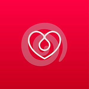 Blood donation linear style vector logo concept. Blood transfusion isolated red line icon on black background. Heart and