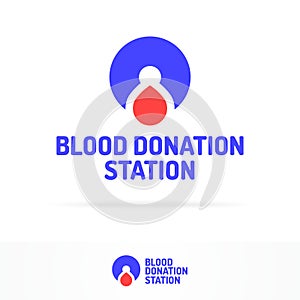 Blood donation station logo set color flat style consisting of blood drop and pin