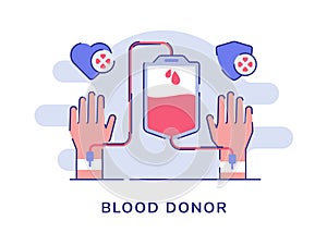 Blood donor concept blood drip transfusion pulse hand white isolated background with flat color outline style