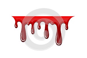 Blood drip 3d. Halloween bloodstain isolated white background. Splatter stain. Horror drop flow. Red scare ink. Blot