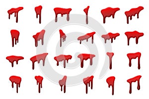 Blood drip 3D set. Drop blood isloated white background. Happy Halloween decoration design. Red splatter stain, splash