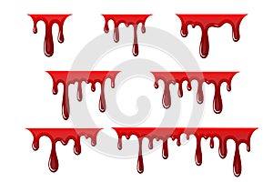 Blood drip 3d set. Halloween bloodstain isolated white background. Splatter stain. Horror drop flow. Red scare ink. Blot