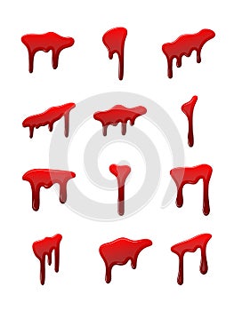 Blood drip 3d set. Halloween bloodstain isolated white background. Splatter stain. Horror drop flow. Red scare ink. Blot