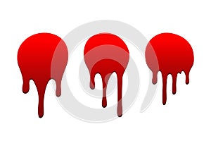 Blood drip cartoon set. Halloween bloodstain isolated white background. Splatter stain. Horror drop flow. Red scare ink. Blot