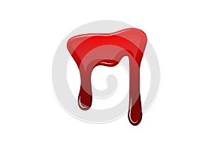 Blood drip 3d. Halloween bloodstain isolated white background. Splatter stain. Horror drop flow. Red scare ink. Blot