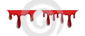 Blood drip 3D set. Drop blood isloated white background. Happy Halloween decoration design. Red splatter stain, splash