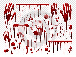 Blood drip. Red paint splash, halloween bloody splatter spots and bleeding hand traces. Dripping bloods horror texture