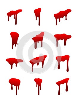 Blood drip set. Drop blood isloated white background. Happy Halloween decoration design. Red splatter stain splash spot