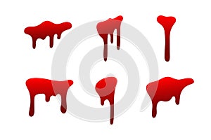 Blood drip set. Drop blood isloated white background. Happy Halloween decoration design. Red splatter stain splash spot