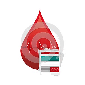 Blood drop cardiogram and medical history icon