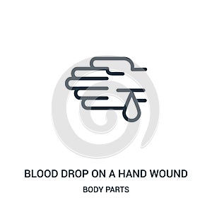 blood drop on a hand wound icon vector from body parts collection. Thin line blood drop on a hand wound outline icon vector