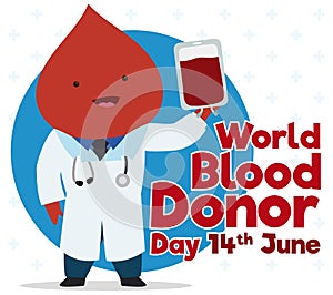 Blood Drop like Doctor Promoting Donation for Blood Donor Day, Vector Illustration