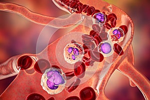 Blood flow. 3D illustration showing different types of blood cells