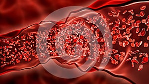 Blood flowing through an artery or vein 3D rendering illustration. Stream of red blood cells or erythrocytes in a blood vessel.