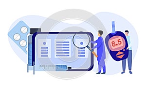 Blood glucose testing meter and insulin production concept illustration