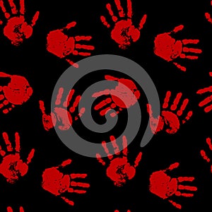Blood hand print seamless pattern on black background. Red paint. Vector hand-drawn background.