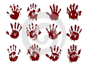 Blood horror hands set. Scary bloody handprints and murder, splatter marks, violence fingerprints or imprints collection