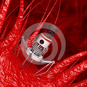 Blood Nano Robot with Camera, Claws and Needle over Virus, Bacteria, Microbe. 3d Rendering photo