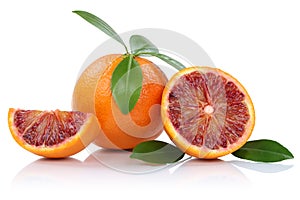 Blood orange fruit oranges slice slices with leaves isolated on