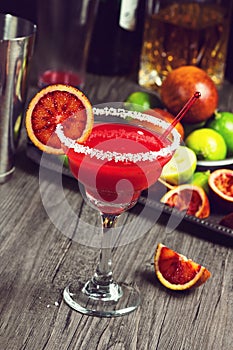 Blood Orange Margarita with Salted Rim in a Bar