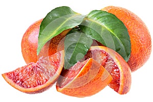 Blood orange slice with leaf isolated