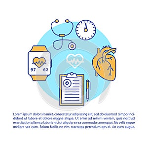 Blood pressure article page vector template. Brochure, magazine, booklet design element, linear icons, text box. Heart