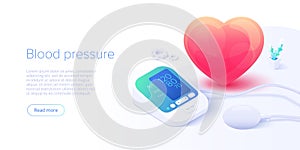 Blood pressure concept in isometric vector illustration. Arterial pressure measuring or checking machine. Medical sphygmomanometer