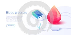 Blood pressure concept in isometric vector illustration. Arterial pressure measuring or checking machine. Medical sphygmomanometer