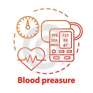 Blood pressure control concept icon. Heart functioning monitoring idea thin line illustration. Systolic and diastolic photo