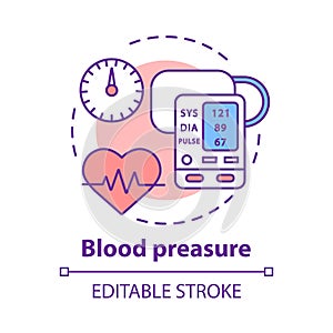 Blood pressure control concept icon. Heart functioning, pulse monitoring idea thin line illustration. Systolic and photo